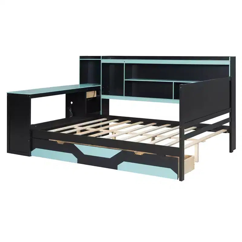 Lit de repos de jeu double/grand avec tête de lit bibliothèque, lumières LED, bureau intégré, tiroirs et station de charge