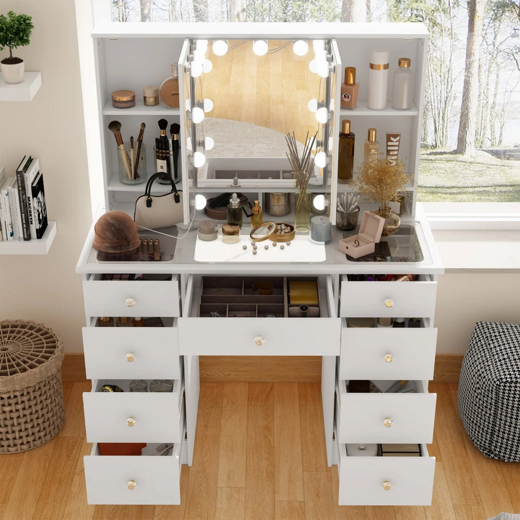 Coiffeuse avec miroir triptyque éclairage certifié et plateau en verre