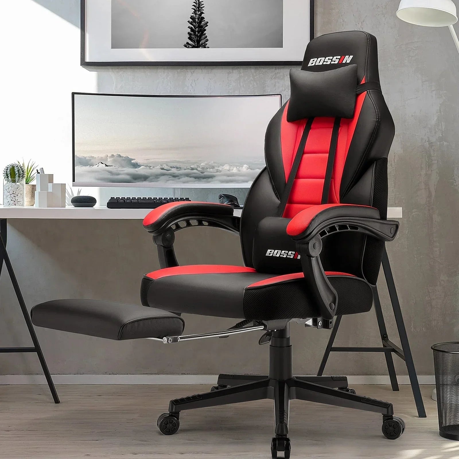 Chaise de jeu style course BOSSIN, fauteuil gamer grande taille 300 lb, chaise d'ordinateur à dossier haut