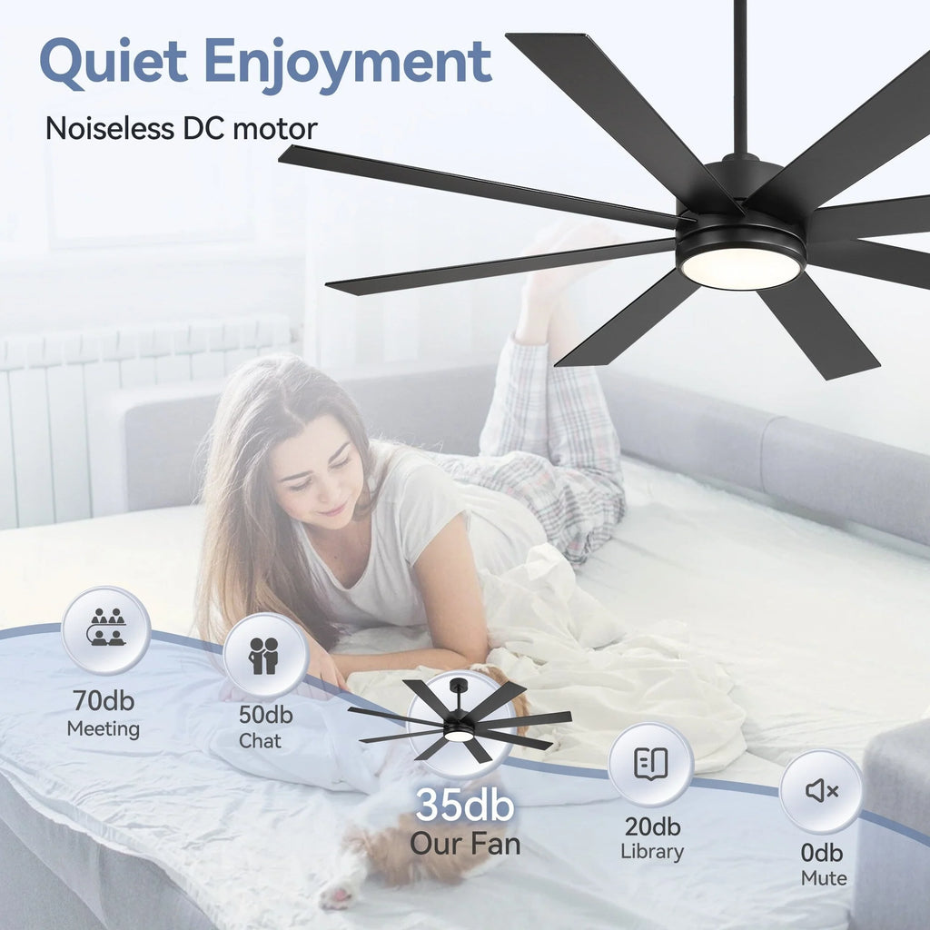 Ventilateur de plafond de 65 pouces à 8 pales noires avec lumière LED et télécommande