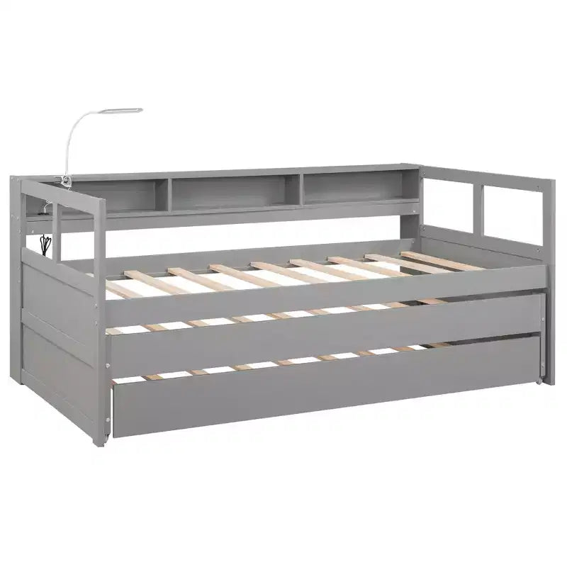 Lit de repos double XL Whisen en bois avec 2 lits gigognes, 3 compartiments de rangement, 1 lampe gratuite et port de chargement USB