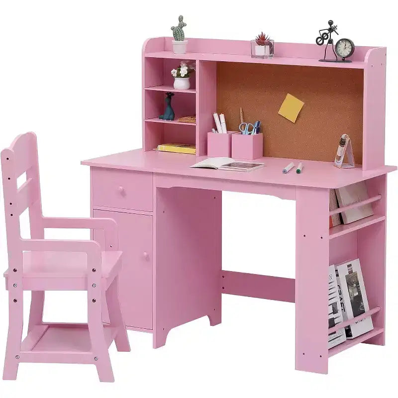 Bureau pour enfants, ensemble bureau et chaise pour garçons et filles, table d'écriture en bois pour enfants avec étagère, tableau d'affichage, armoire et tiroir pour les 3-8 ans