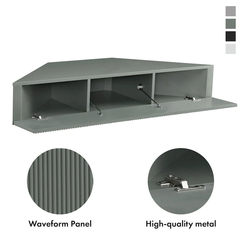 Meuble TV d'angle flottant de 119 cm, 3 étagères, style transitionnel, fixation murale gain de place