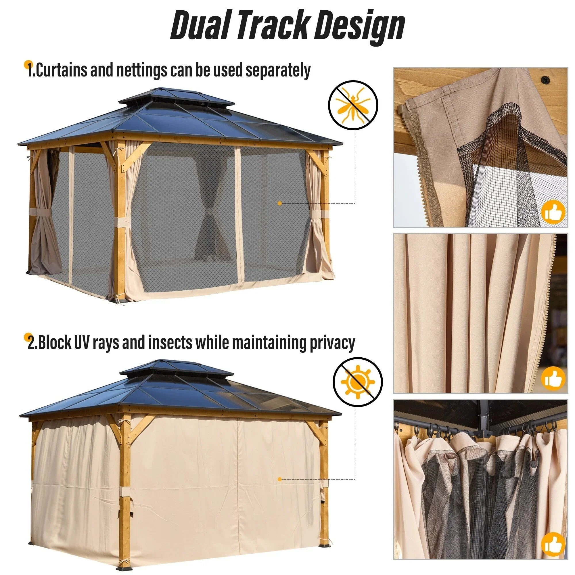 Tonnelle EROMMY à toit rigide, pergola extérieure avec double toit, moustiquaire et rideaux, auvent robuste pour patio, jardin, fête au bord de la piscine