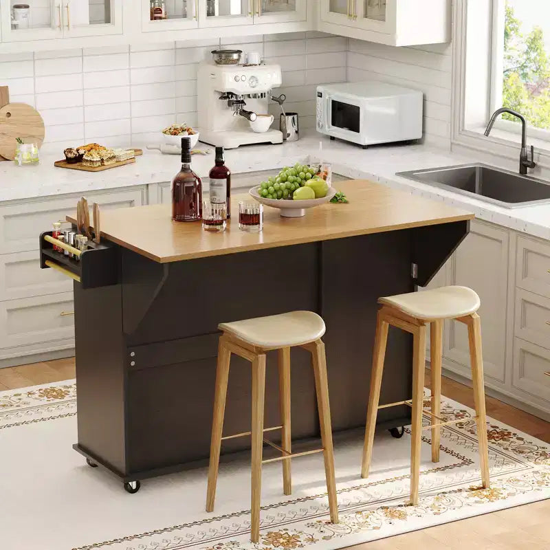 Table îlot mobile 55 avec prise de courant et abattant, chariot de cuisine roulant avec poubelle intégrée pour cuisine