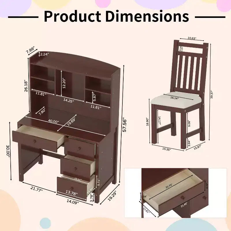 Bureau d'ordinateur en bois moderne Okak pour la maison avec plateau/chaise et étagère, bureau d'écriture de rangement pour adolescents et étudiants pour l'étude, le bureau