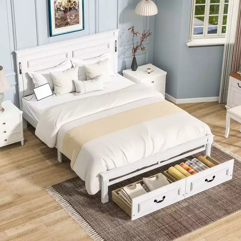 ModernLuxe Lit plateforme Queen/King Size avec tête de lit haute, cadre de lit rustique en bois avec 2 tiroirs, lumières LED et ports USB