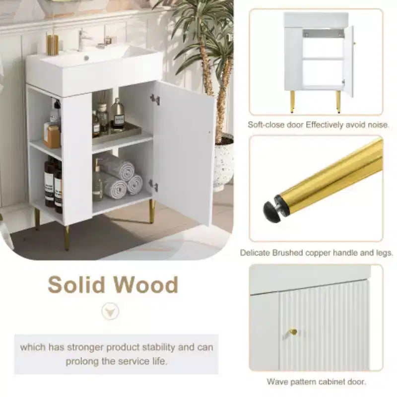 Meuble-lavabo de salle de bain blanc de 21,6 po, ensemble avec meuble de rangement, vasque en céramique simple, rangement à gauche