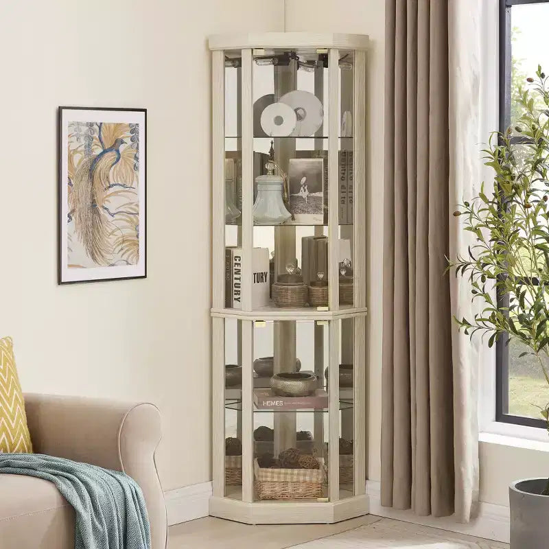 Vitrine d'angle avec portes et étagères en verre, Meuble de présentation d'angle pour salon
