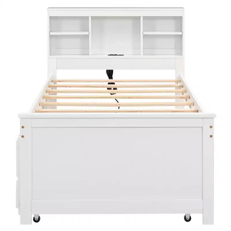 Lit plateforme avec lit gigogne et tiroirs, lit plateforme de rangement avec USB, lit plateforme en bois avec bibliothèque