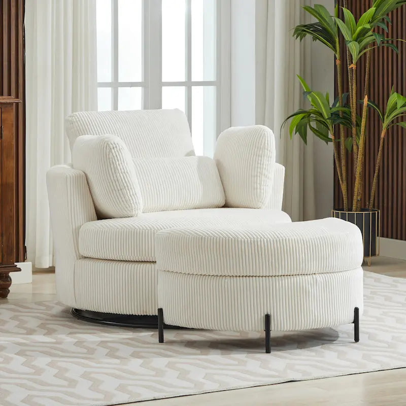 Fauteuil d'appoint pivotant rembourré 42,3 W avec 4 oreillers et pouf de rangement demi-lune
