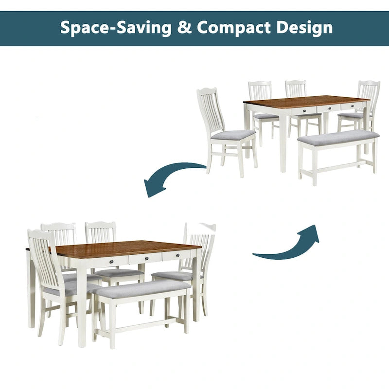 Ensemble de salle à manger 6 pièces en bois avec 4 chaises et un banc, table avec tiroir
