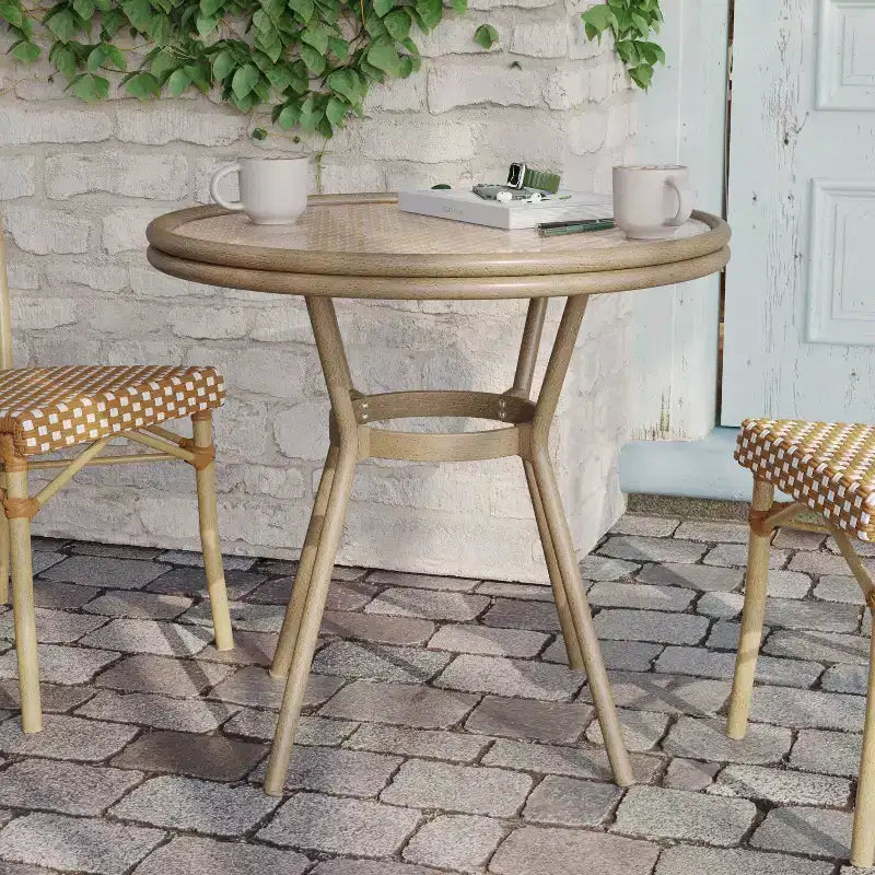 Flash Furniture Lourdes Table de bistrot commerciale intérieur/extérieur 31,5, rotin PE, plateau en verre, cadre en aluminium imprimé bambou