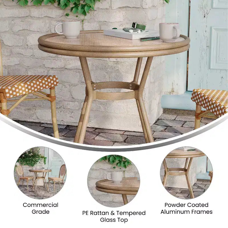 Flash Furniture Lourdes Table de bistrot commerciale intérieur/extérieur 31,5, rotin PE, plateau en verre, cadre en aluminium imprimé bambou