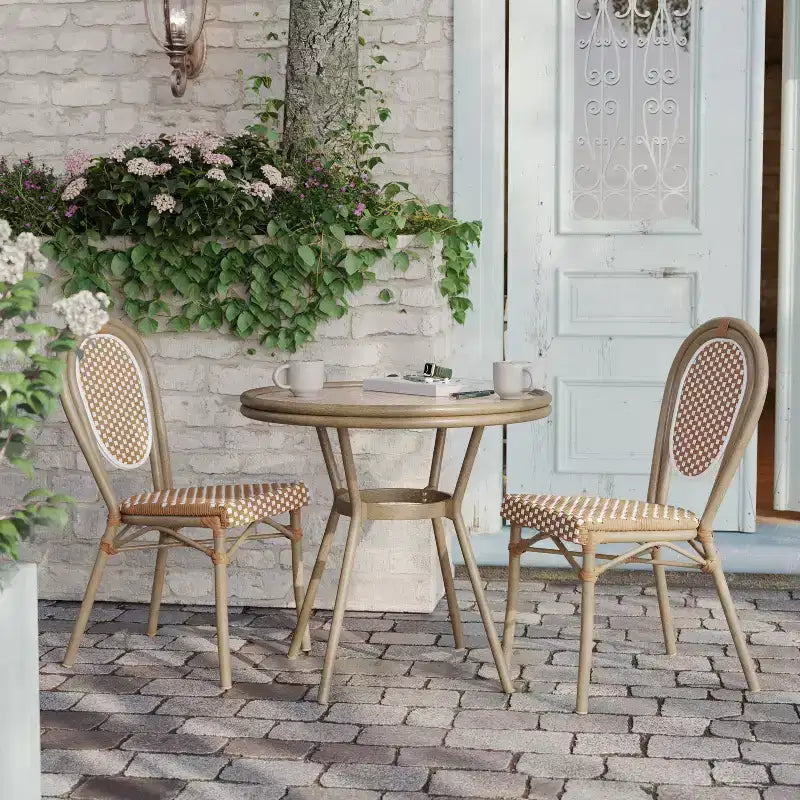 Flash Furniture Lourdes Table de bistrot commerciale intérieur/extérieur 31,5, rotin PE, plateau en verre, cadre en aluminium imprimé bambou
