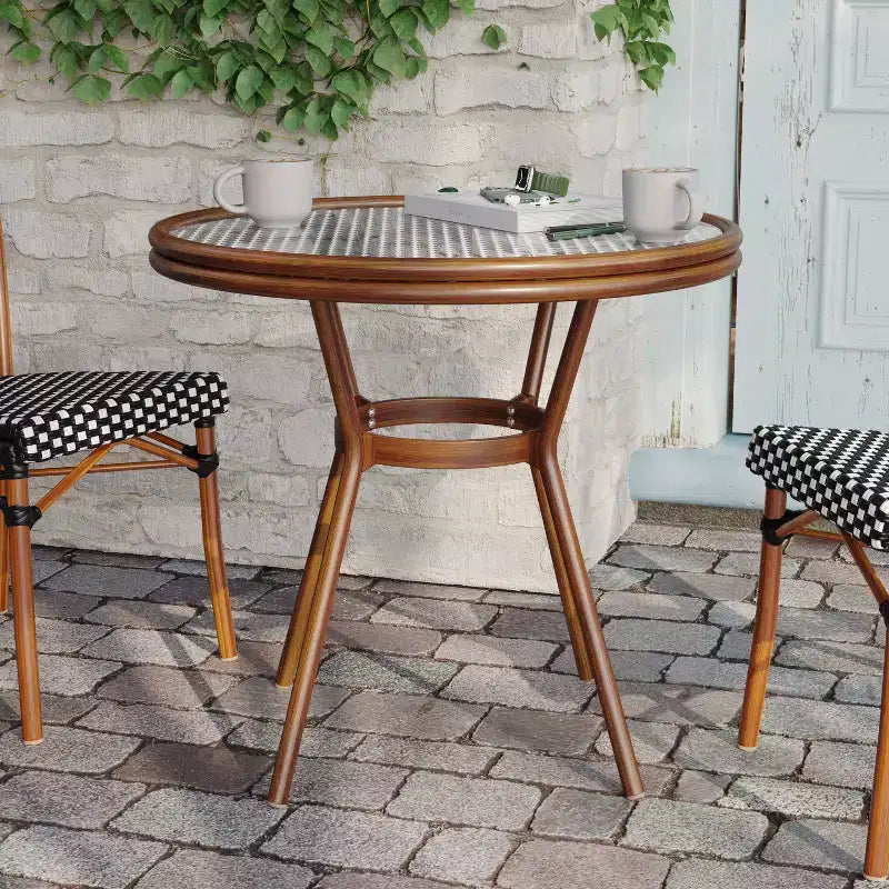 Flash Furniture Lourdes Table de bistrot commerciale intérieur/extérieur 31,5, rotin PE, plateau en verre, cadre en aluminium imprimé bambou