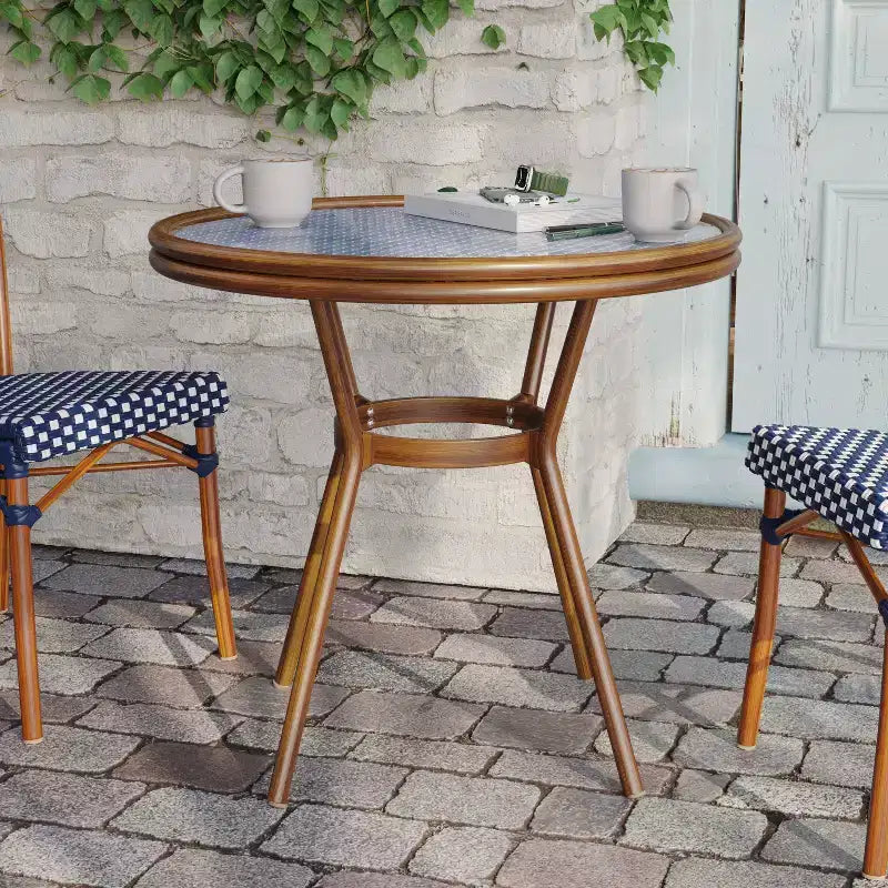 Flash Furniture Lourdes Table de bistrot commerciale intérieur/extérieur 31,5, rotin PE, plateau en verre, cadre en aluminium imprimé bambou