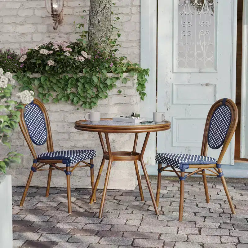 Flash Furniture Lourdes Table de bistrot commerciale intérieur/extérieur 31,5, rotin PE, plateau en verre, cadre en aluminium imprimé bambou