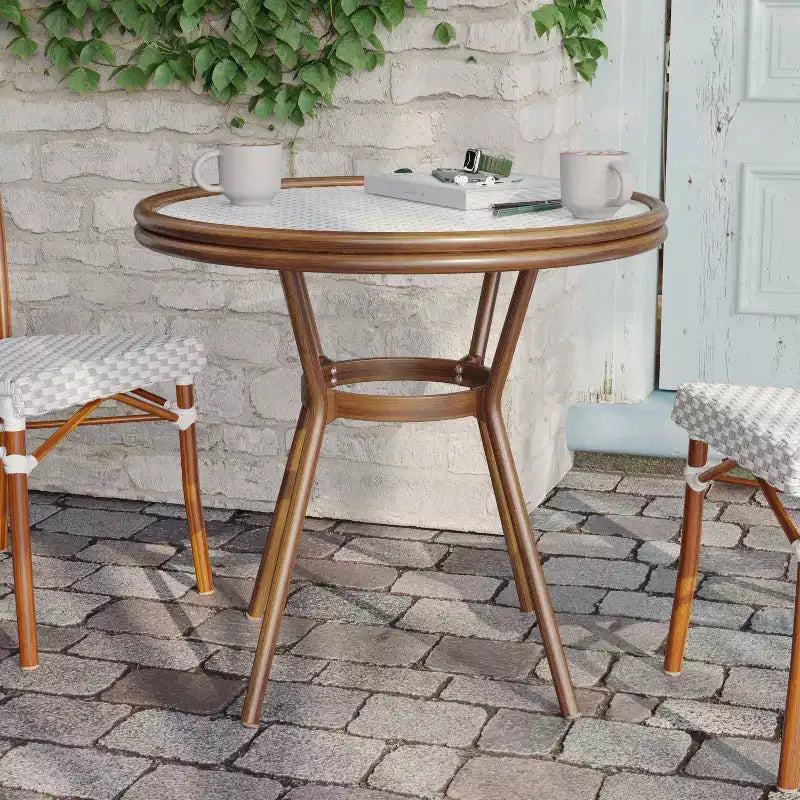 Flash Furniture Lourdes Table de bistrot commerciale intérieur/extérieur 31,5, rotin PE, plateau en verre, cadre en aluminium imprimé bambou
