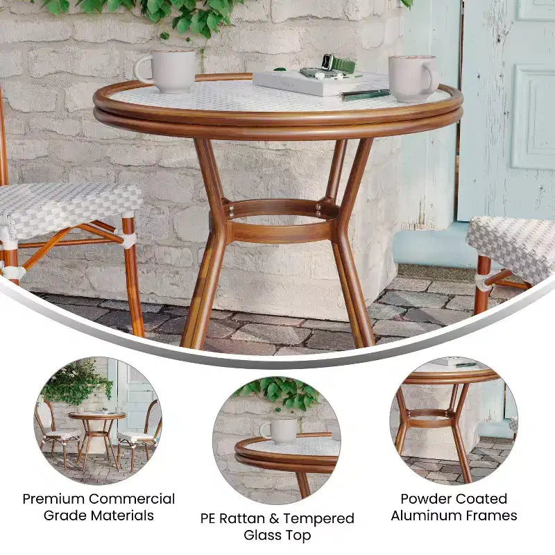Flash Furniture Lourdes Table de bistrot commerciale intérieur/extérieur 31,5, rotin PE, plateau en verre, cadre en aluminium imprimé bambou