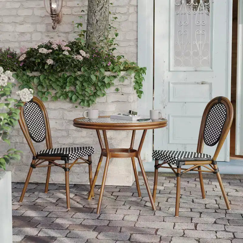 Flash Furniture Lourdes Table de bistrot commerciale intérieur/extérieur 31,5, rotin PE, plateau en verre, cadre en aluminium imprimé bambou