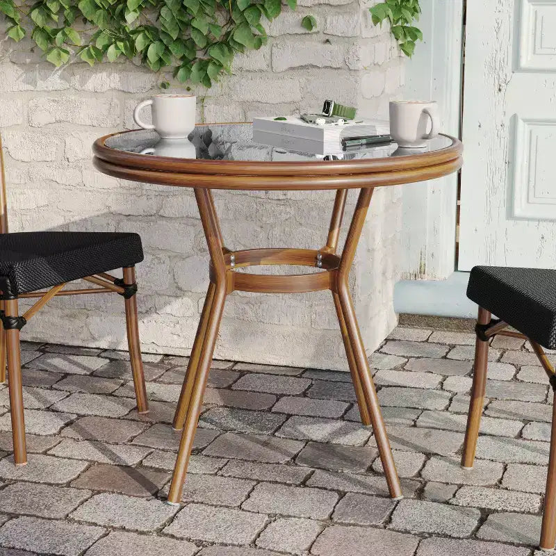 Flash Furniture Marseille Table de bistrot commerciale intérieure/extérieure de 80 cm, Textilène, Plateau en verre, Structure en aluminium imprimé bambou