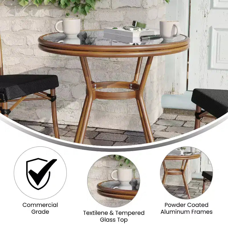 Flash Furniture Marseille Table de bistrot commerciale intérieure/extérieure de 80 cm, Textilène, Plateau en verre, Structure en aluminium imprimé bambou