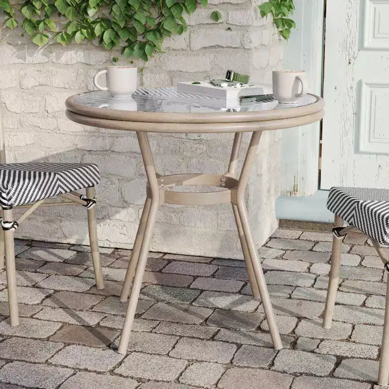 Flash Furniture Marseille Table de bistrot commerciale intérieure/extérieure de 80 cm, Textilène, Plateau en verre, Structure en aluminium imprimé bambou