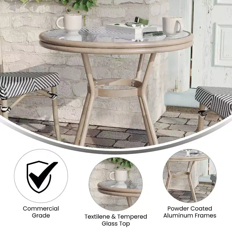 Flash Furniture Marseille Table de bistrot commerciale intérieure/extérieure de 80 cm, Textilène, Plateau en verre, Structure en aluminium imprimé bambou
