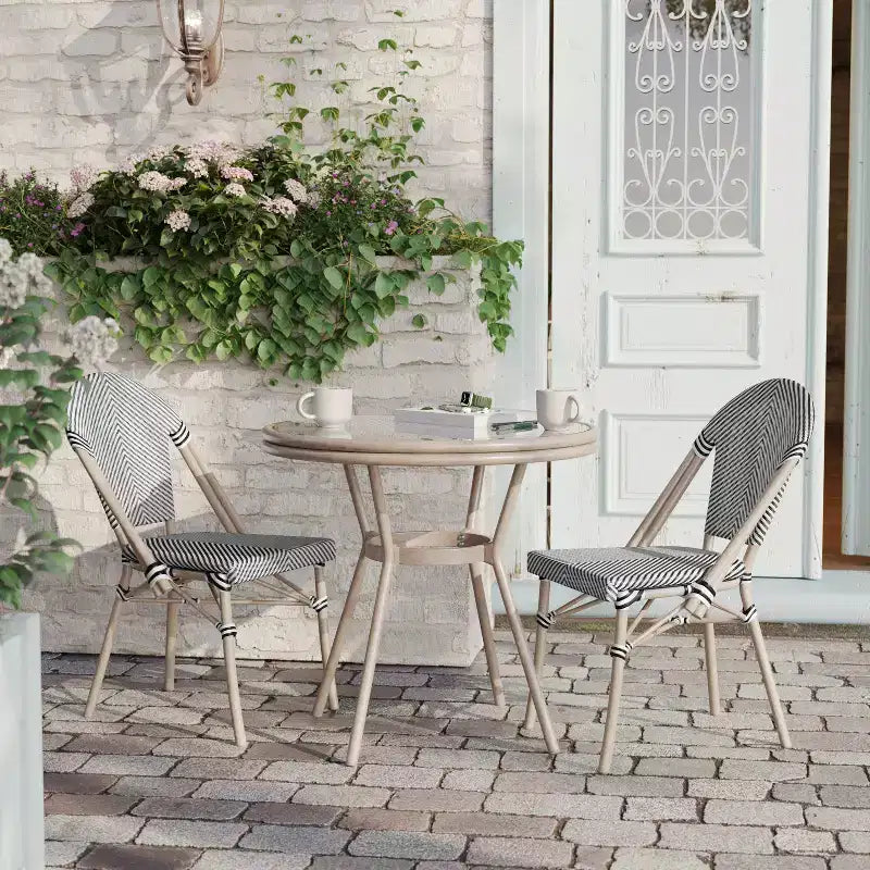 Flash Furniture Marseille Table de bistrot commerciale intérieure/extérieure de 80 cm, Textilène, Plateau en verre, Structure en aluminium imprimé bambou