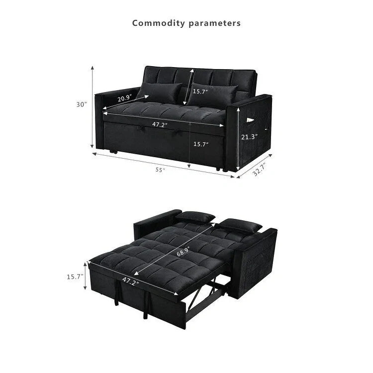 Causeuse futon moderne en velours avec dossier inclinable et poches, 2 places ??Gris foncé / Gris clair / Bleu / Noir