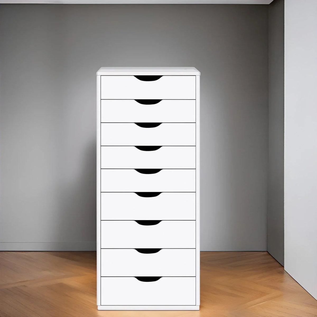 Étroite commode en bois à 9 tiroirs coulissants et étagère de rangement supérieure