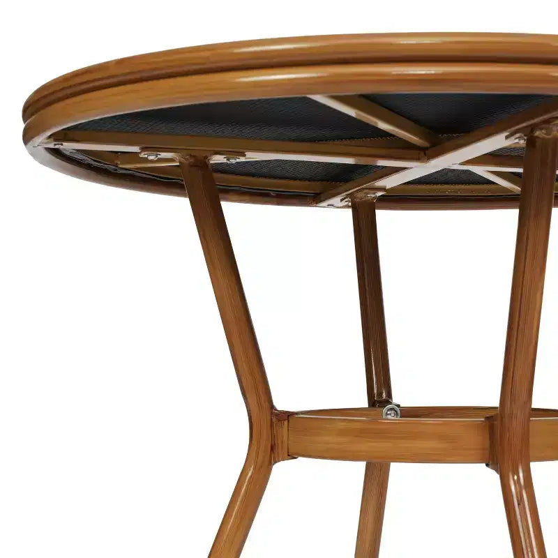 Table de style bistrot Massalia Emma & Oliver, de 80 cm, pour l'intérieur et l'extérieur, avec textilène, plateau en verre et cadre en métal finition bambou