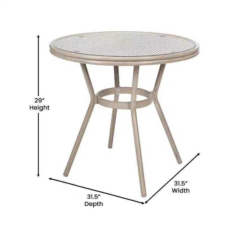 Table de style bistrot Massalia Emma & Oliver, de 80 cm, pour l'intérieur et l'extérieur, avec textilène, plateau en verre et cadre en métal finition bambou