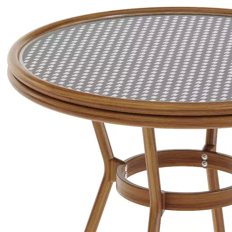 Table de style bistrot Emma & Oliver Colmar, 80 cm, pour intérieur/extérieur, avec rotin PE, plateau en verre et cadre en métal finition bambou