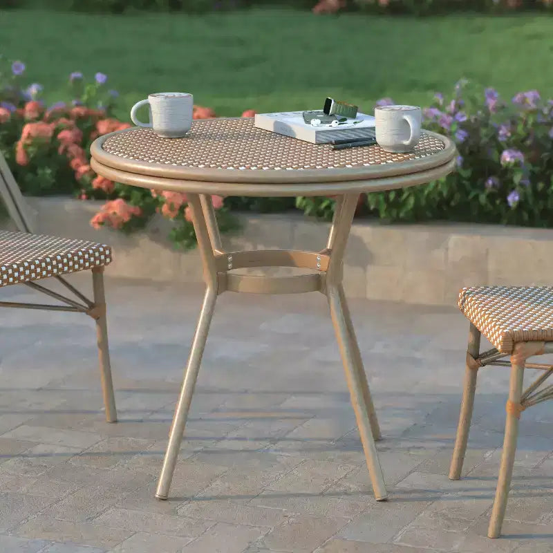 Table de style bistrot Emma & Oliver Colmar, 80 cm, pour intérieur/extérieur, avec rotin PE, plateau en verre et cadre en métal finition bambou