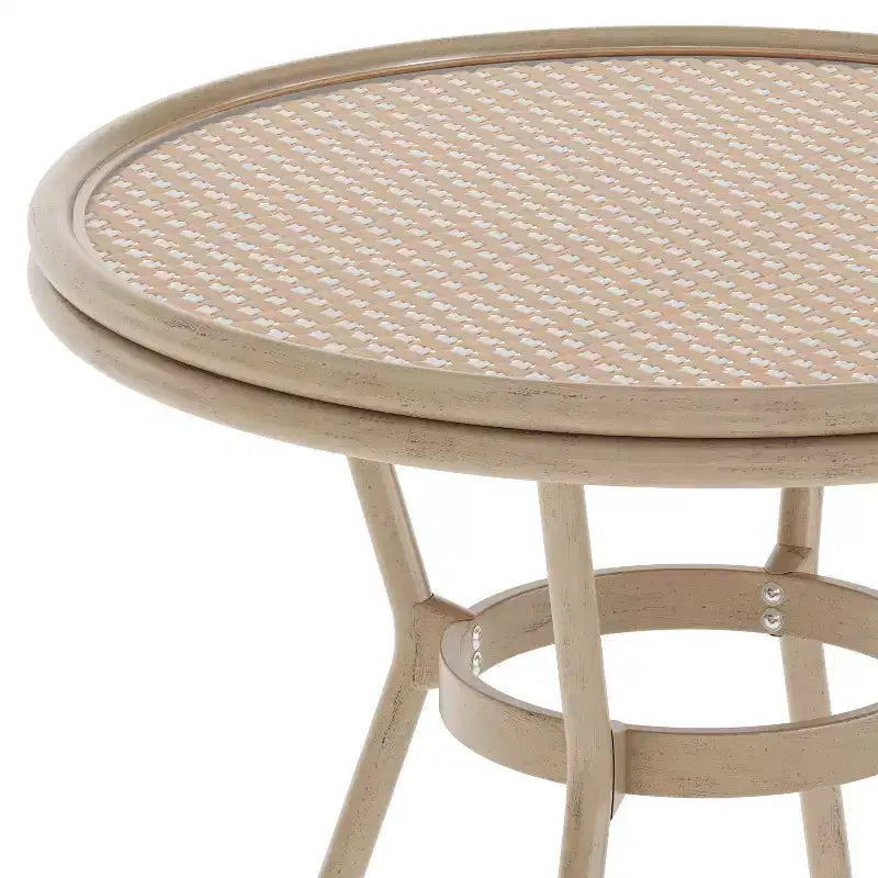 Table de style bistrot Emma & Oliver Colmar, 80 cm, pour intérieur/extérieur, avec rotin PE, plateau en verre et cadre en métal finition bambou