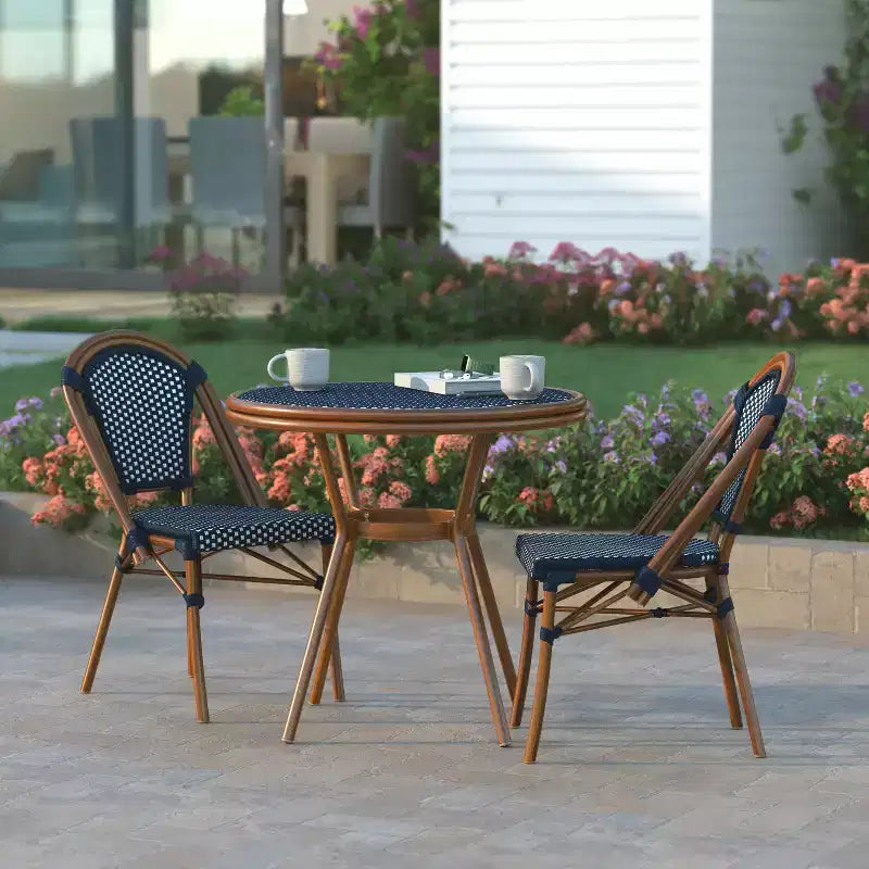 Table de style bistrot Emma & Oliver Colmar, 80 cm, pour intérieur/extérieur, avec rotin PE, plateau en verre et cadre en métal finition bambou