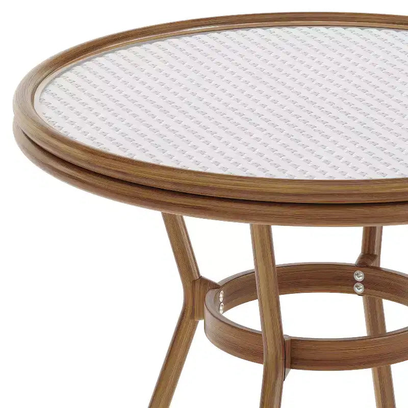 Table de style bistrot Emma & Oliver Colmar, 80 cm, pour intérieur/extérieur, avec rotin PE, plateau en verre et cadre en métal finition bambou