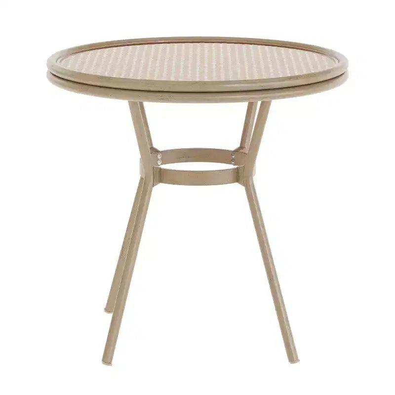 Table de style bistrot Celia de Merrick Lane avec plateau en verre trempé, rotin PE et cadre en métal finition bambou pour usage intérieur/extérieur.