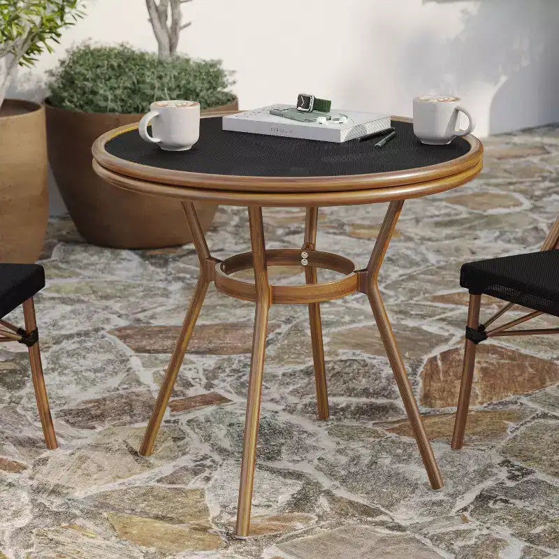 Table de style bistro Merrick Lane Mael avec plateau en verre trempé, textilène et cadre en métal fini bambou pour utilisation intérieure/extérieure