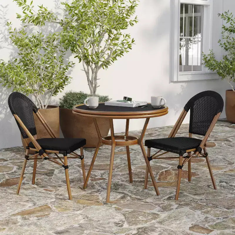 Table de style bistro Merrick Lane Mael avec plateau en verre trempé, textilène et cadre en métal fini bambou pour utilisation intérieure/extérieure
