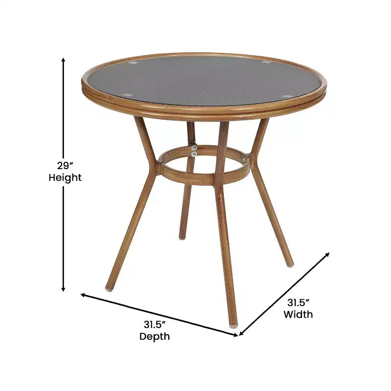 Table de style bistro Merrick Lane Mael avec plateau en verre trempé, textilène et cadre en métal fini bambou pour utilisation intérieure/extérieure