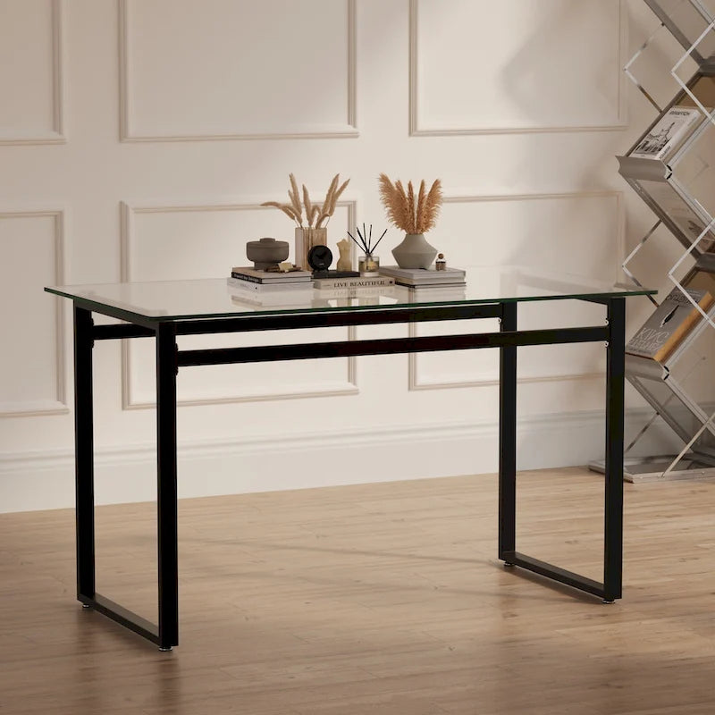 Table à manger rectangulaire moderne et minimaliste en verre pour 4 à 6 personnes avec plateau en verre trempé de 0,31 po et pieds en métal chromé noir