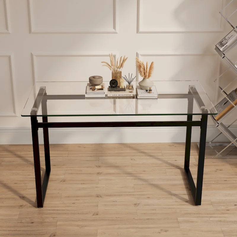 Table à manger rectangulaire moderne et minimaliste en verre pour 4 à 6 personnes avec plateau en verre trempé de 0,31 po et pieds en métal chromé noir