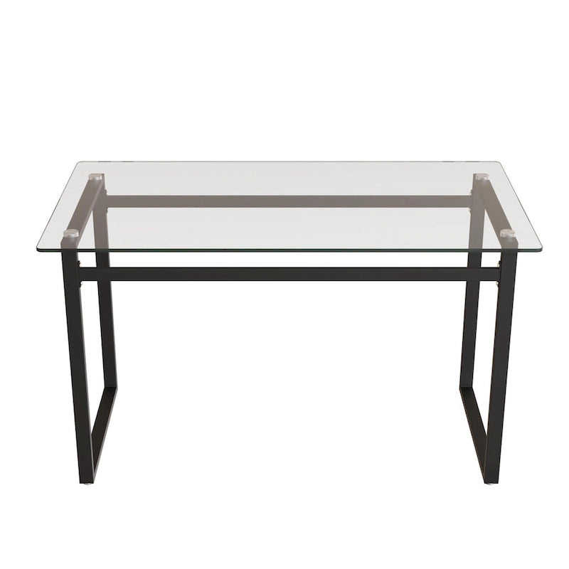 Table à manger rectangulaire moderne et minimaliste en verre pour 4 à 6 personnes avec plateau en verre trempé de 0,31 po et pieds en métal chromé noir