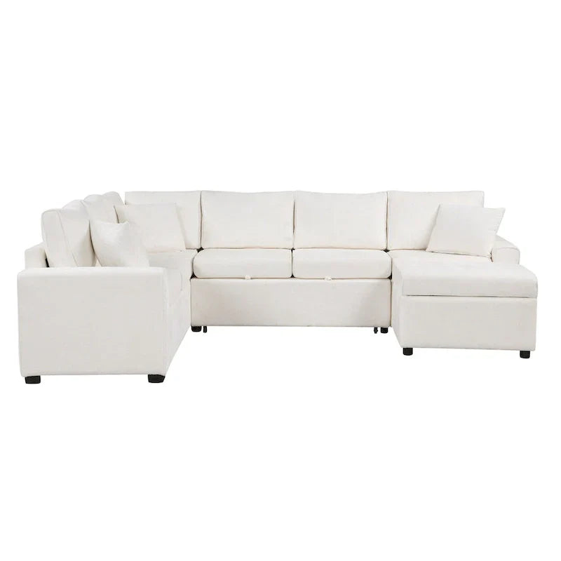 Canapé d'angle en chenille convertible, canapé-lit en forme de L avec pouf de rangement, 3 oreillers et dispositifs de charge