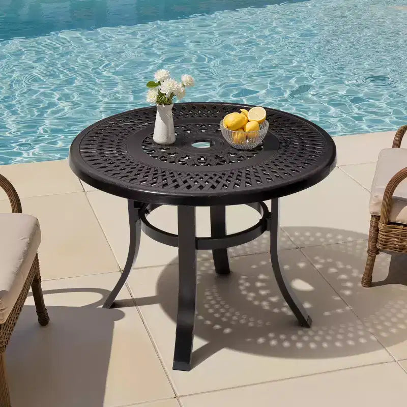Crestlive Products 24'' Cast Aluminum Patio Side Table Outdoor with Umbrella Hole Round Coffee Bistro Table Black with Bronze Spot