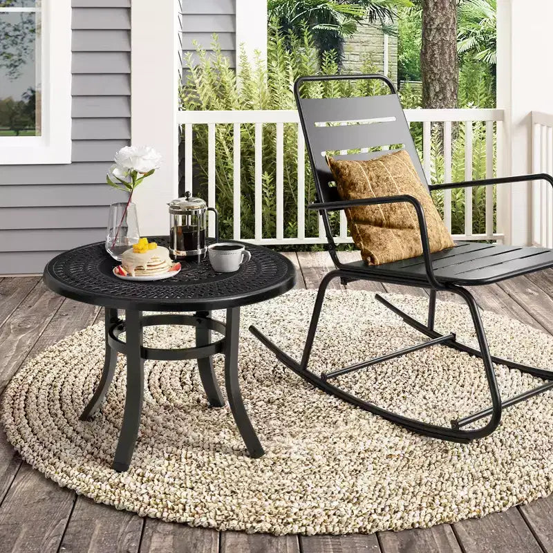 Crestlive Products – Table d'appoint de patio ronde en fonte d'aluminium de 24 po avec trou pour parasol – Table basse de bistrot extérieure, noire avec taches de bronze