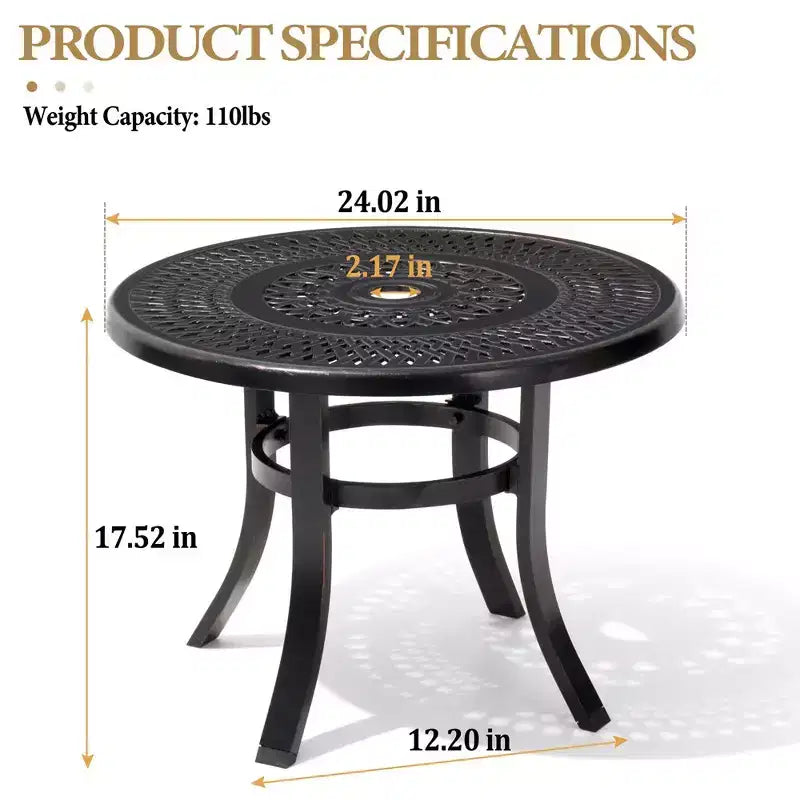 Crestlive Products – Table d'appoint de patio ronde en fonte d'aluminium de 24 po avec trou pour parasol – Table basse de bistrot extérieure, noire avec taches de bronze